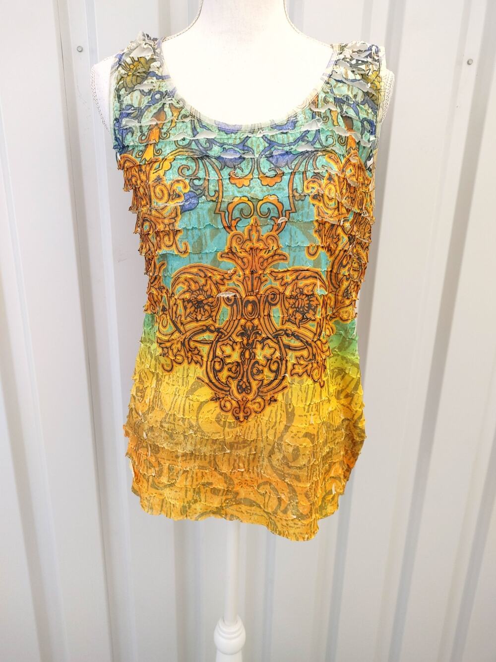 Brina & Em Womens Top Layered Tank Multicolor Fleur de Lis Design Large